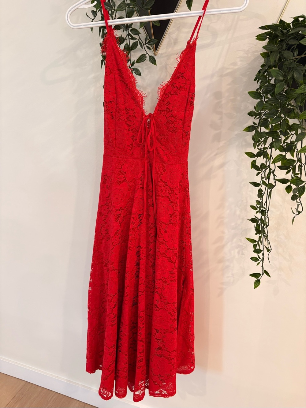 Lulu's Red Lace Midi Dress with Tie-Front V-Neck